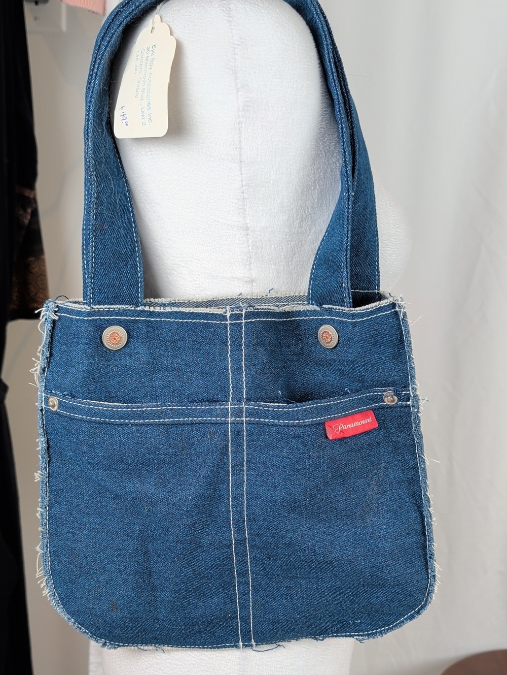 Paramount Vintage Dark Blue Denim Tote Bag White Stitching NWT